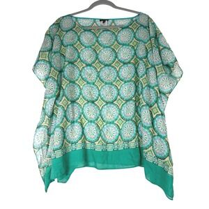 Talbots Silk Blend Poncho Blouse S Green Blue Tile Print Resort Top Flowy Resort